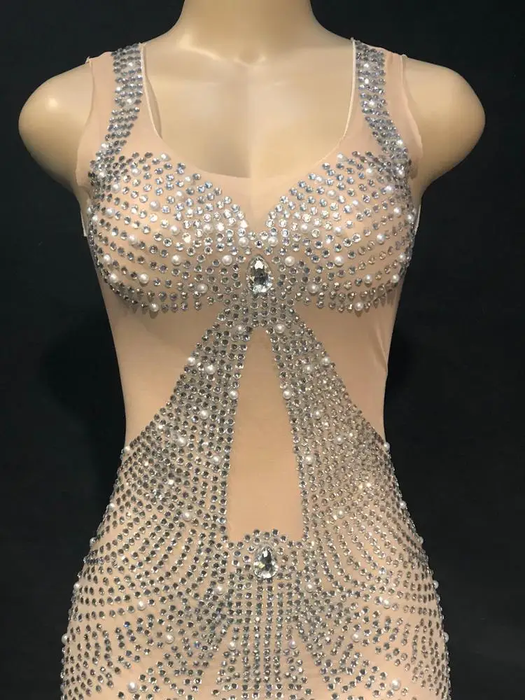 
Fashion Women Sexy See Through Mesh Rhinestone Bodycon V Neck Ladies Dance Auto Show Elega Slim Club Party Formal Evening Dress 
