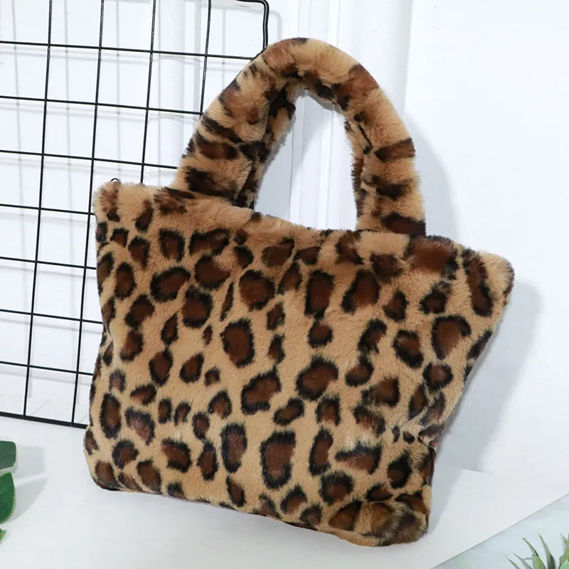 New ladies faux fur handbags animal print plush bags women fashion leopard grain stuffed fur tote bag