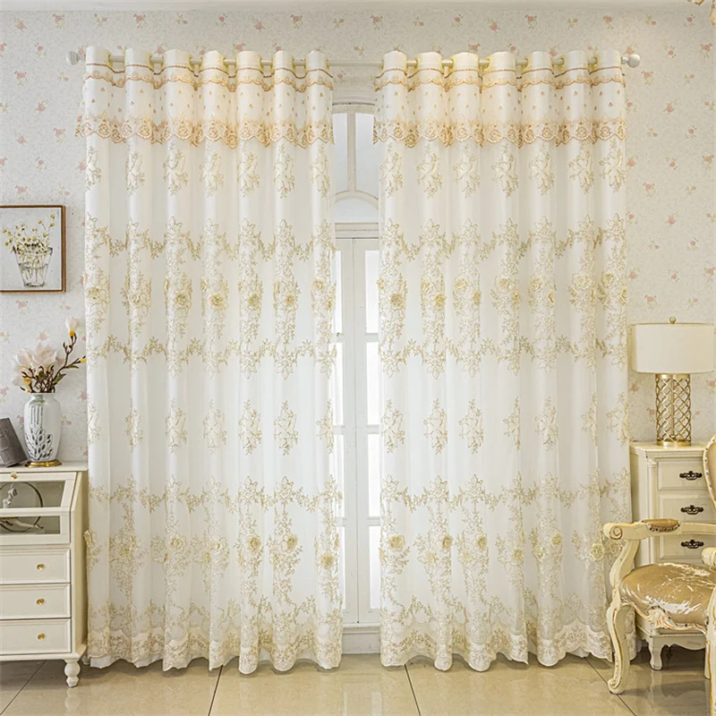 Elegant European Style White Double Embroidered Curtain With 4D Flowers Embroidered Curtain For Living Room Balcony Decoration