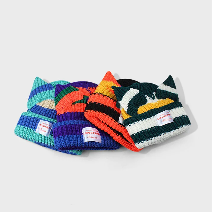 Wholesale Cute Pig Ears Patchwork Knitted Hat Unisex Clashing Colors Applique Winter Knitted Warm  Beanie Hat