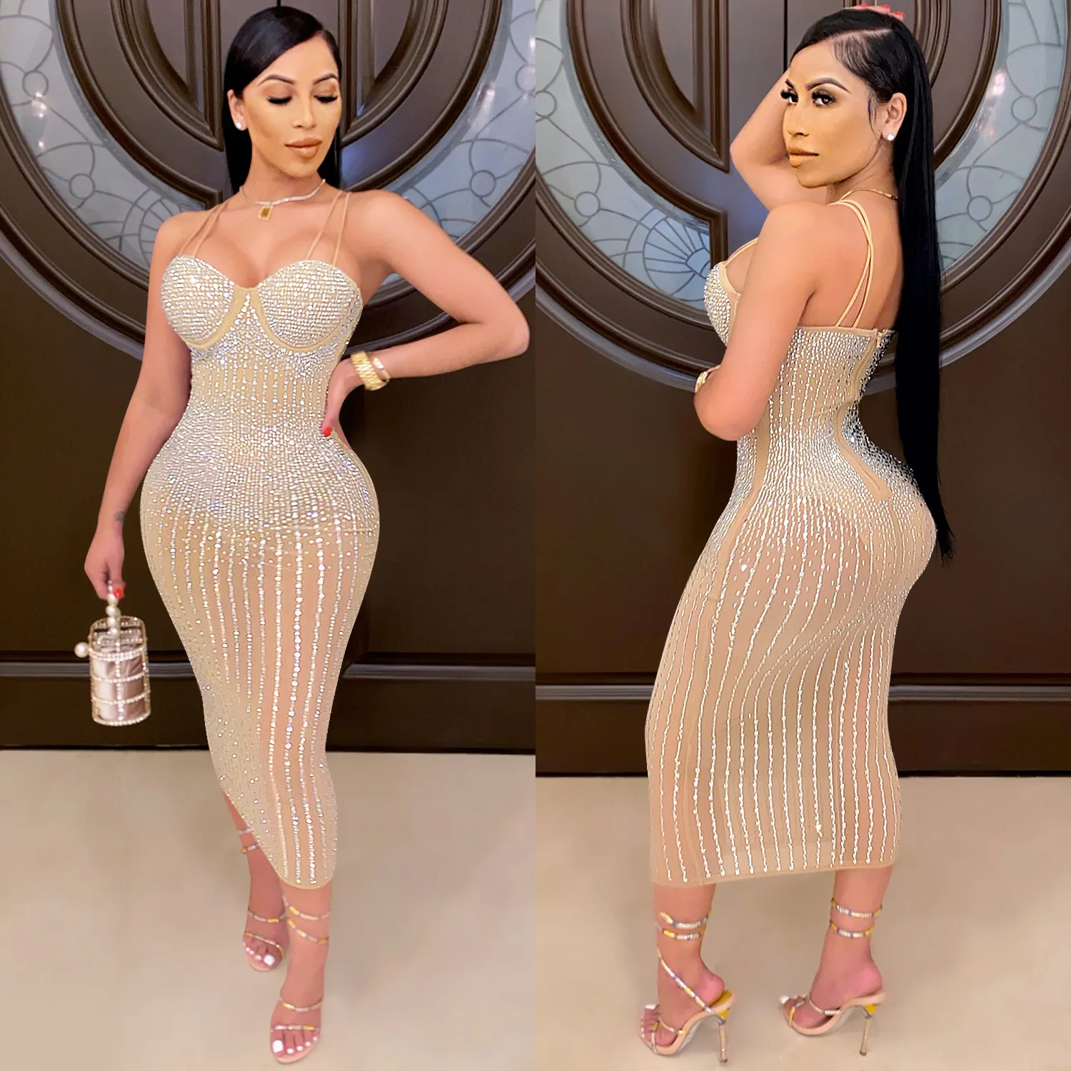 2022 Hot Popular Sexy Dress Women Shiny Sleeveless Deep V Neck Halter Backless Party Bodycon Dress Sexy Halter Dress For Lady