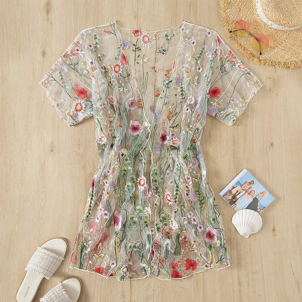 shiny French embroidery lace mesh European fashion transparent  floral evening  beach dress