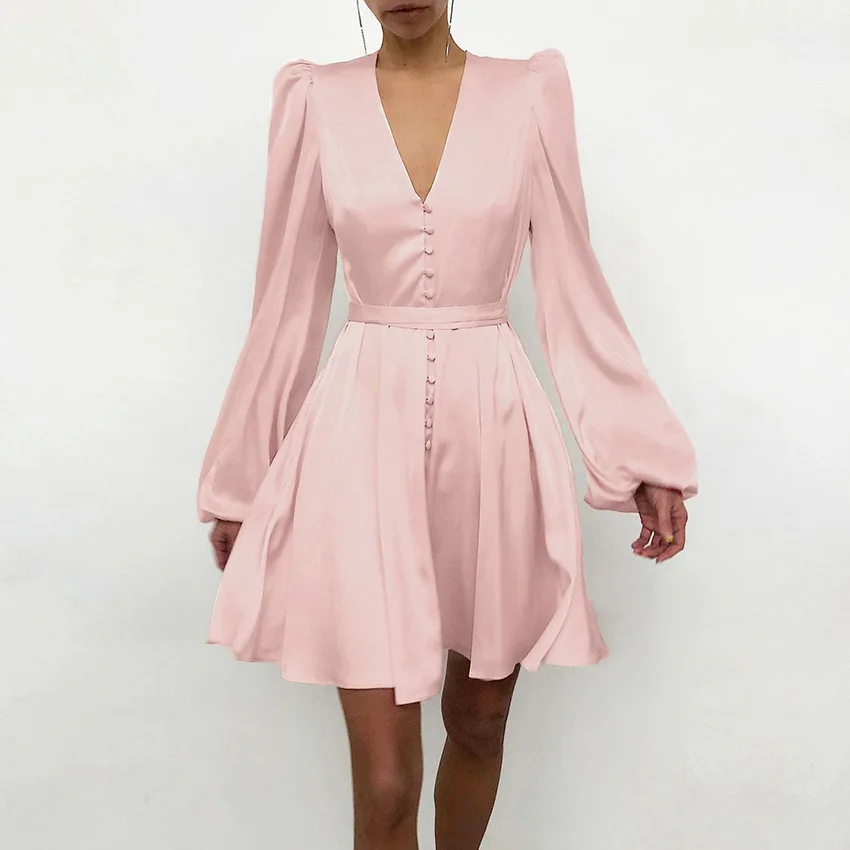 High quality ODM customized long puff sleeve plain dyed v neck elegant shiny satin A line women casual dresses