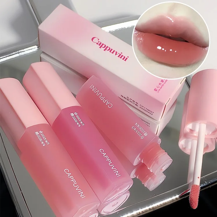 Cappuvini Pink Love Heart Design Lip Glaze Mirror Water Light Glass Transparent Lip Gloss Moisturizing Female Cute Lipstick