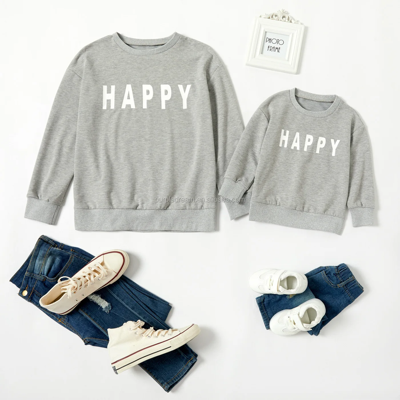 
2020 New Grey Round Neck Happy Word Printed Women Kids Tops Family Matching Clothing Mother Daughter T-shirts 