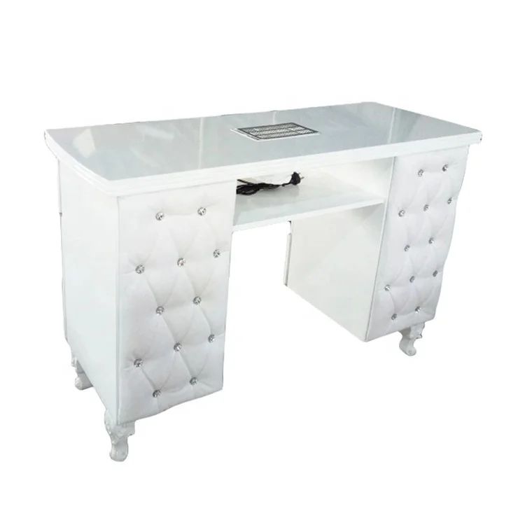 
White leather front diamond decorate nail salon table beauty nail manicure table with dust collector  (1600068023474)