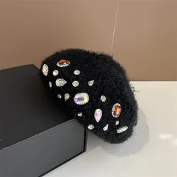 Модные женские береты, модные блестящие украшения, бриллиантовый шерстяной кашемировый берет со стразами для ужина