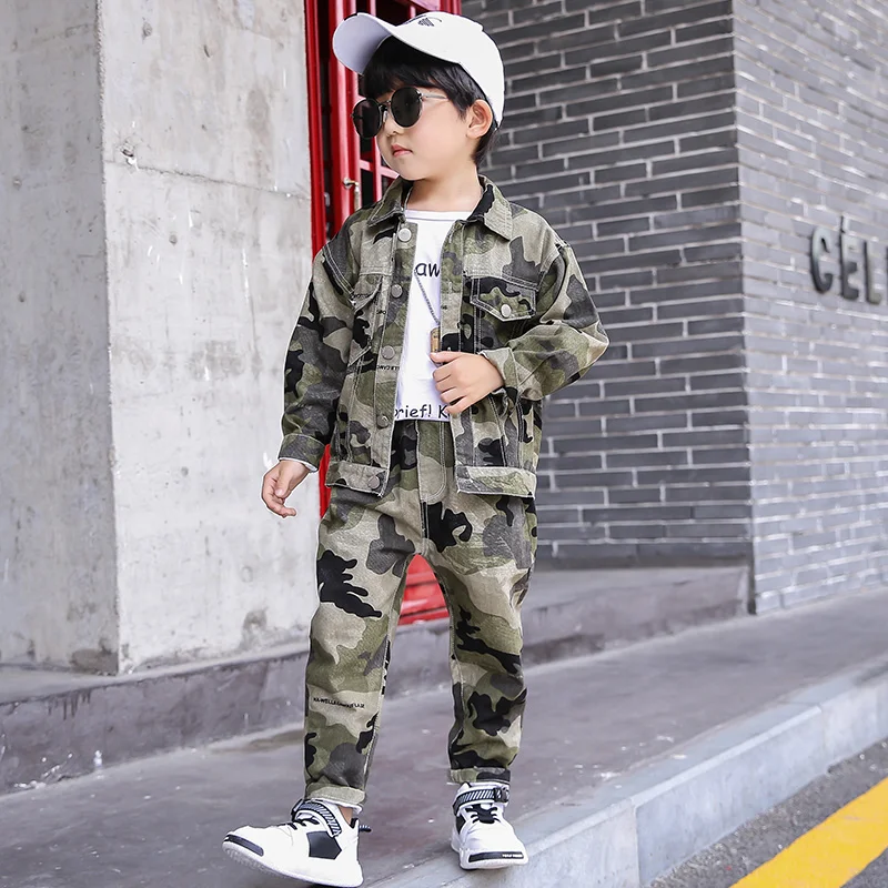 DRXBNZ2007B410 осеннее Новое поступление джинсовая одежда для мальчиков комплект камуфляжной детской одежды в стиле хип-хоп детские куртки и джинсы