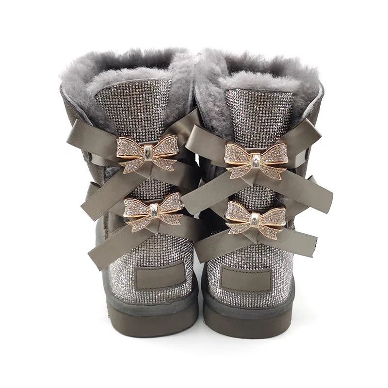 Wholesale fashion rhinestones bling bling winter fur snow boots women with 2 bows