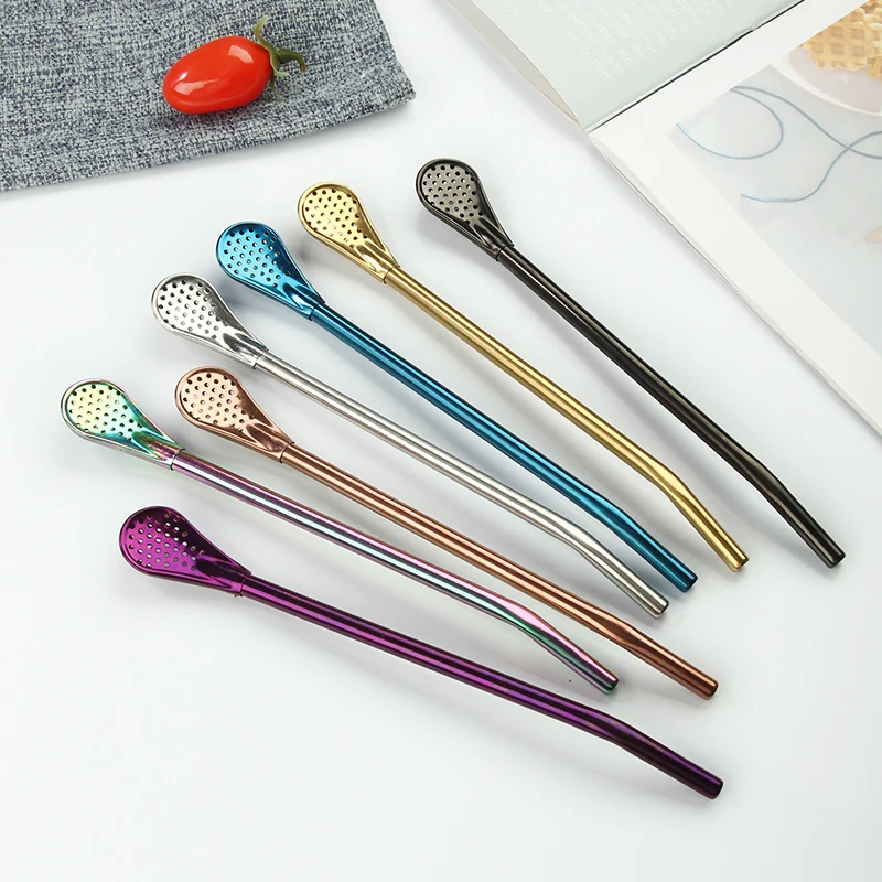 Reusable Eco Friendly Colorful Metal Stirring Straw Spoon Stainless Steel filter straw spoon
