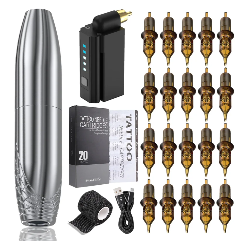 New Hand Basic Tattoo Machine Set 1500mAh Battery Wireless Tattoo Pen Needle Cartridges 20pcs Bandage Tattoo Kit