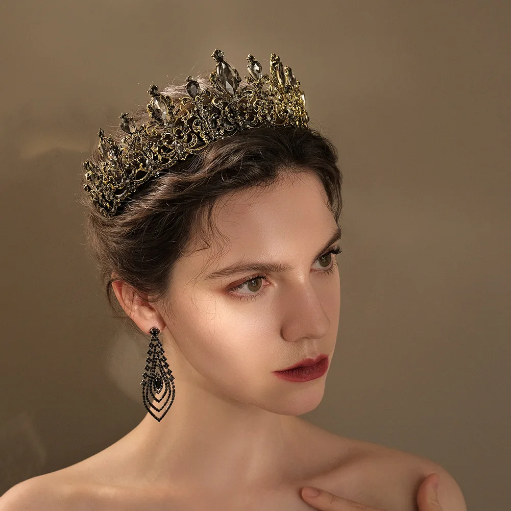Exquisite Vintage Headpiece Black Rhinestone Hollow Crown Bridal Wedding Jewelry Tiaras