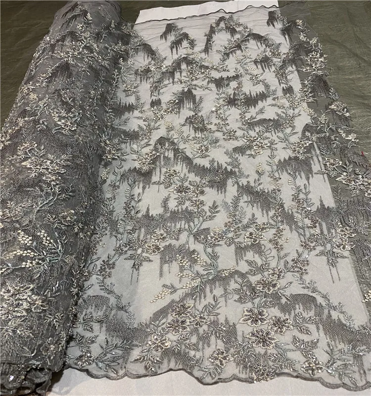 
Роскошная французская Тяжелая вышивка из бисера тюль Тяжелая ручная работа жемчужная кружевная ткань 