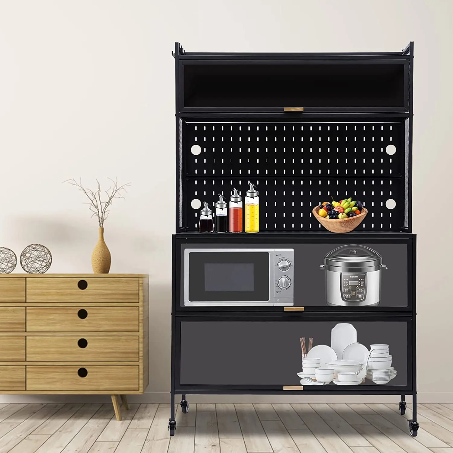 Metal Storage Cabinet, Multifunctional Garage Closet with Doors, Garage Cabinet with 4 Braked Wheels