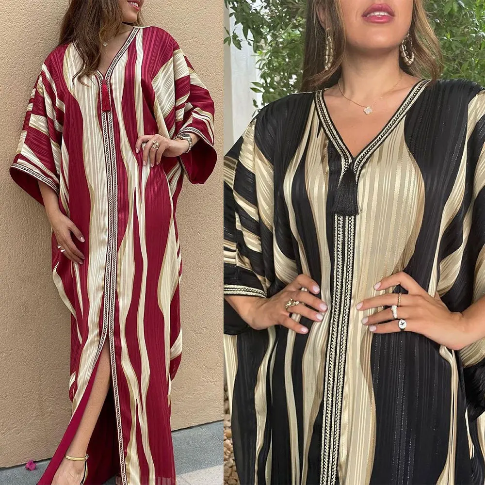 Spring Autumn Striped Bat Sleeve Muslim Woman Fashion Arab Robe Fringed Dress One Size Abaya