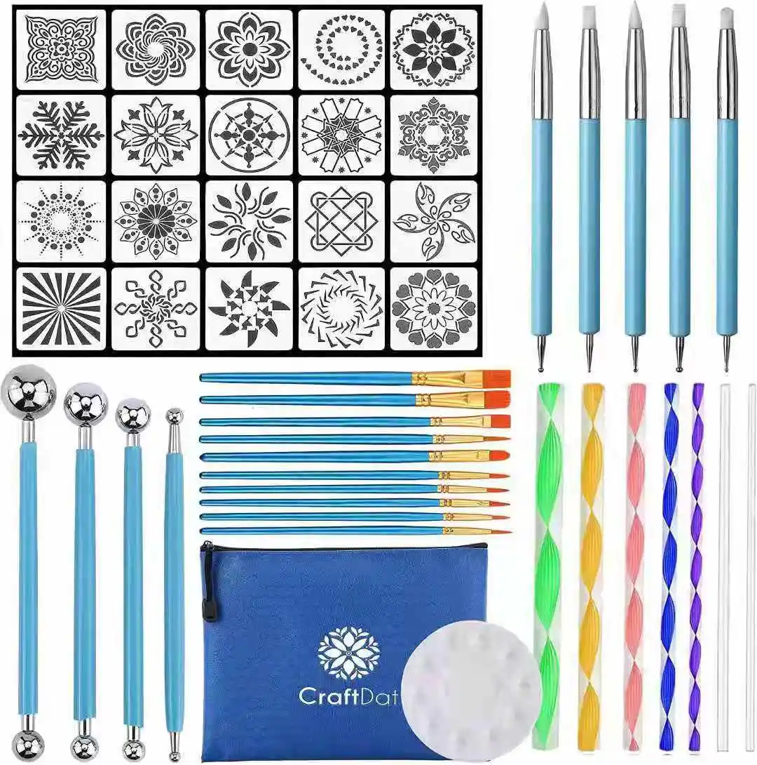 Mandala Dotting Tools Painting Kit - Rock Dot Paint Stencils Tool Set Art Craft Supplies Kits with Tray Brush Zipper Waterproof