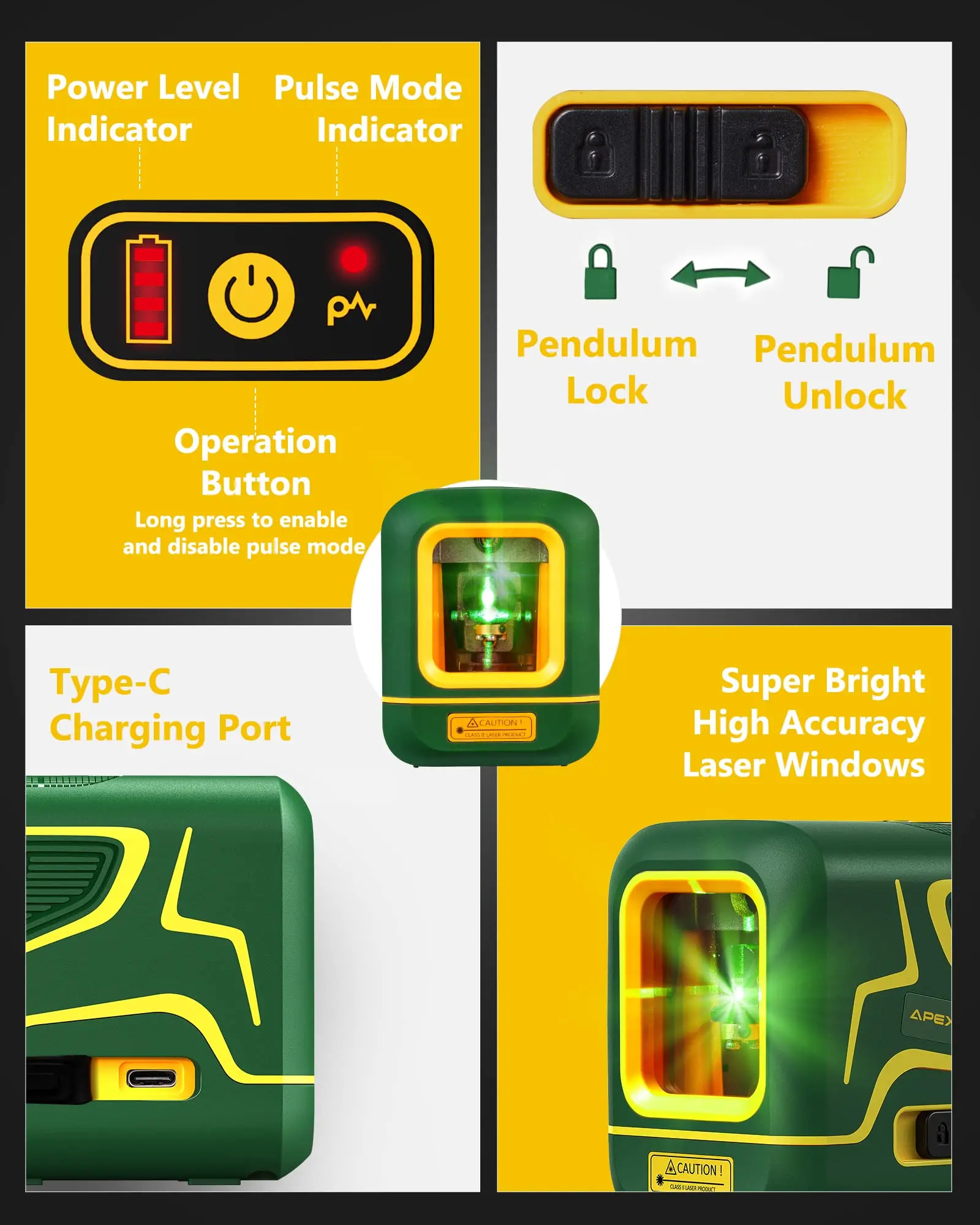 Beam Self-leveling Cross Line Rechargeable 100ft Green Industrial Battery & Type-c Rechargeable 4 in 1 Laser Level 100ft/30m