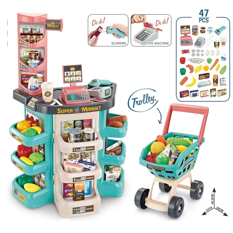 Hot Selling Kids Simulation Supermarket Cash Register And Cart Game Play House Toy With Scanner Pos Machine And Sound Light