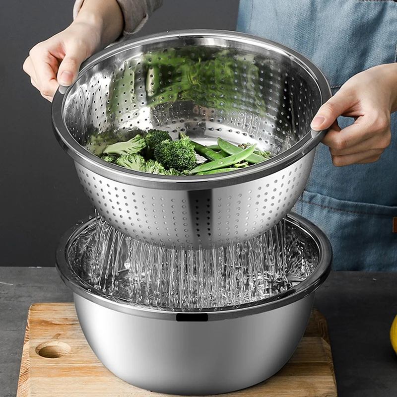 Stainless Steel Rice Washing Mixing Bowls Colander And Kitchen Strainer Drainer Basket Vegetable Fruits Basin