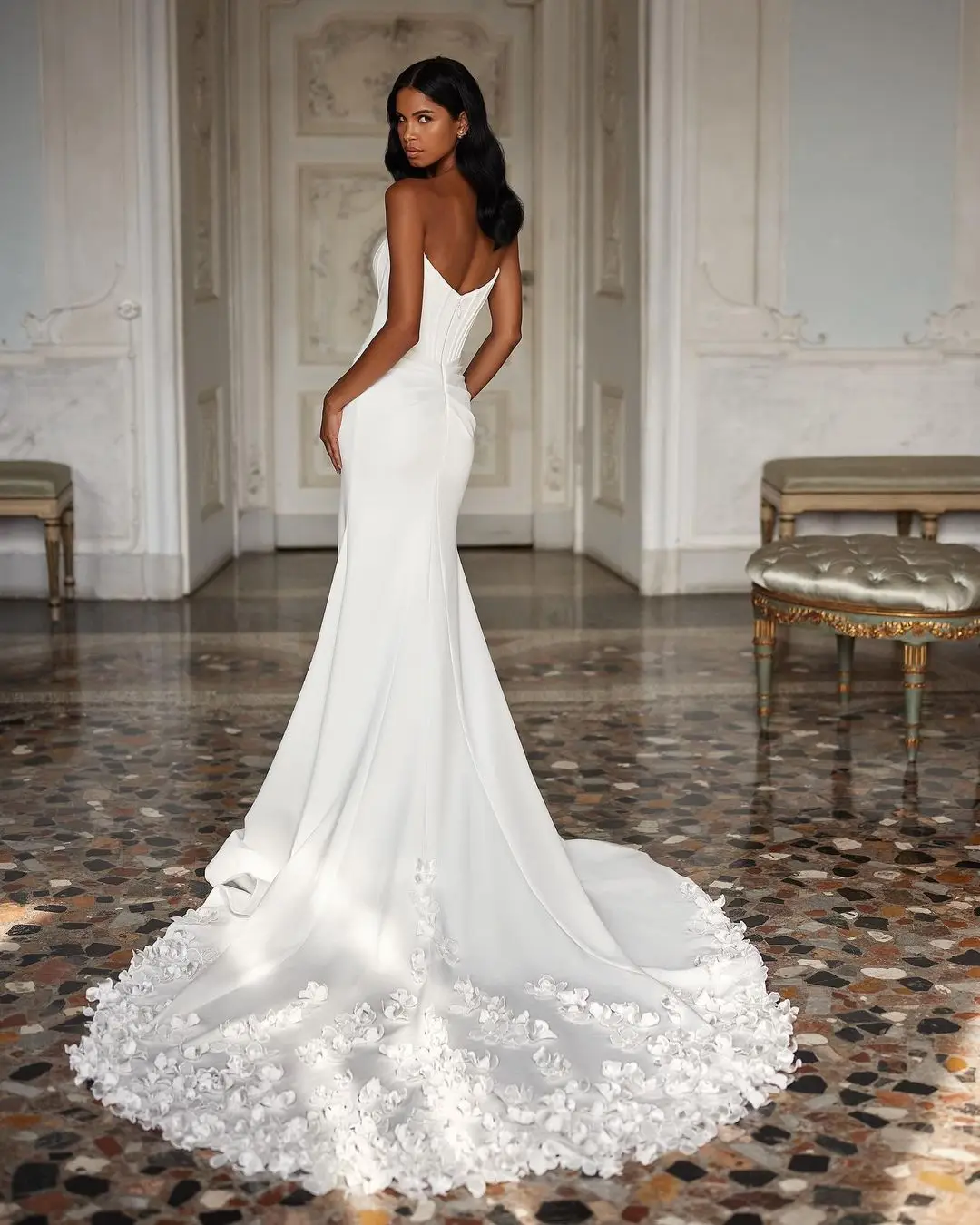 Eslieb Off Shoulder Crepe Mermaid Wedding Dresses Boning Bodice Drapping Skirt Chapel Train Vintage Slit Elegant Bridal Gown