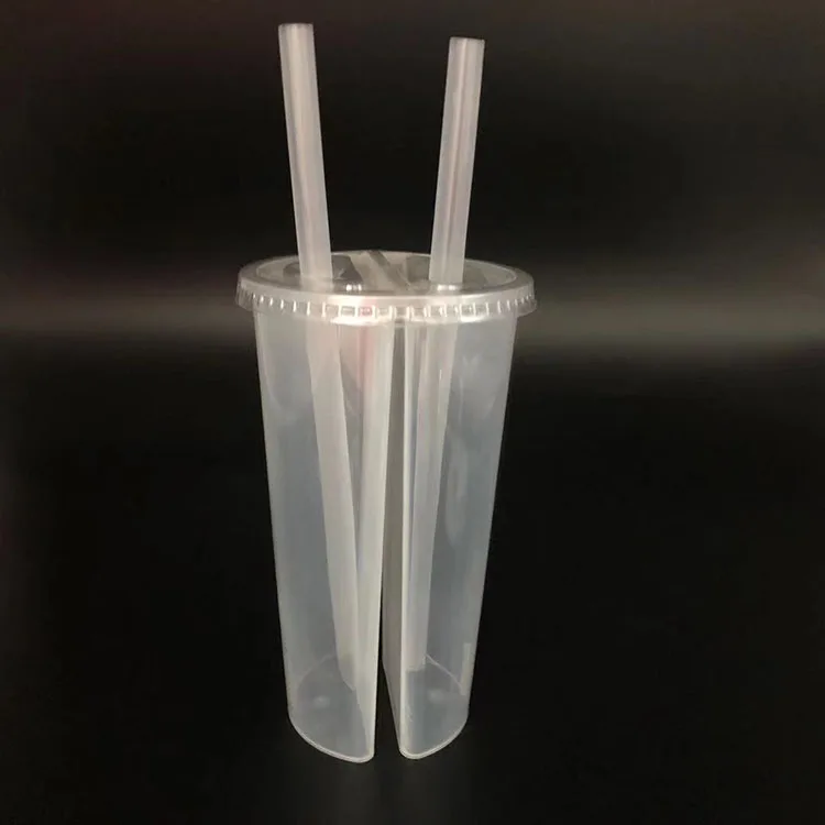 Wholesale 700 ml transparent Cup PP Double Shared Plastic Cup Split Tea Cup 2 compartment