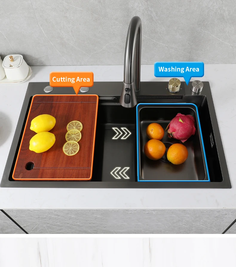 Multifunction sink countertop stainless steel kitchen sink modern black waterfall rainfall faucet  single bowl kitchen sink set
