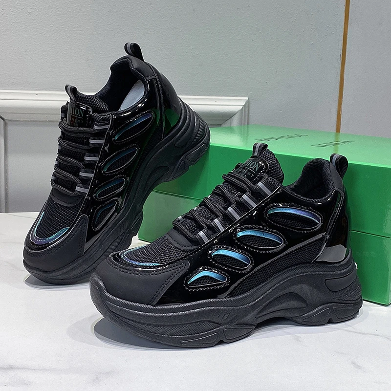 Женские сетчатые кроссовки на танкетке, повседневные дышащие спортивные туфли на шнуровке, со скрытым каблуком, увеличивающие рост, 2022