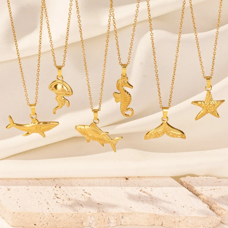 Waterproof Stainless Steel Ocean Series Necklace Texture Shell Fish Pendant Stainless Steel Necklace For Women Girls