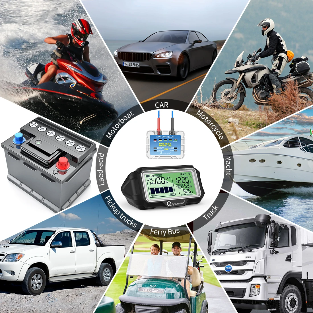 QUICKLYNKS BM5-D 12V LED Battery Tester Monitor Battery Health Tester Analyzer Charging Test Diagnostic Tool