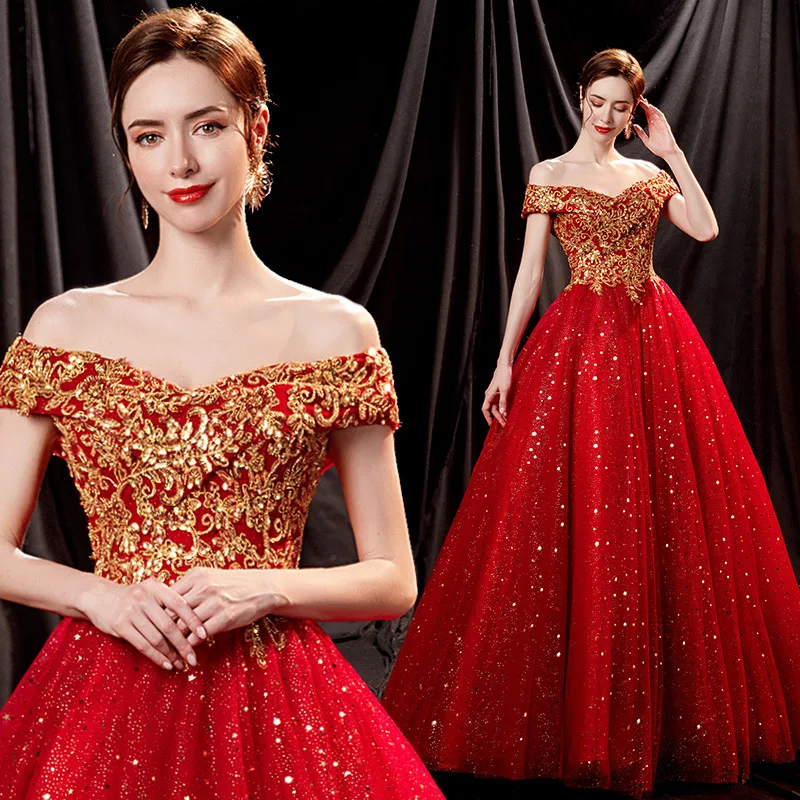 2024 Summer New Bright Gilt Red Bride Wedding Toast Solo Stage Performance Evening Dress