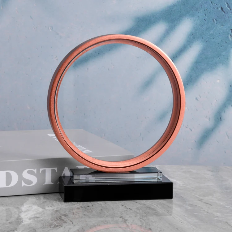 good sale unique design factory price transparent glass trophy round crystal trophy orange metal frame transparent trophy