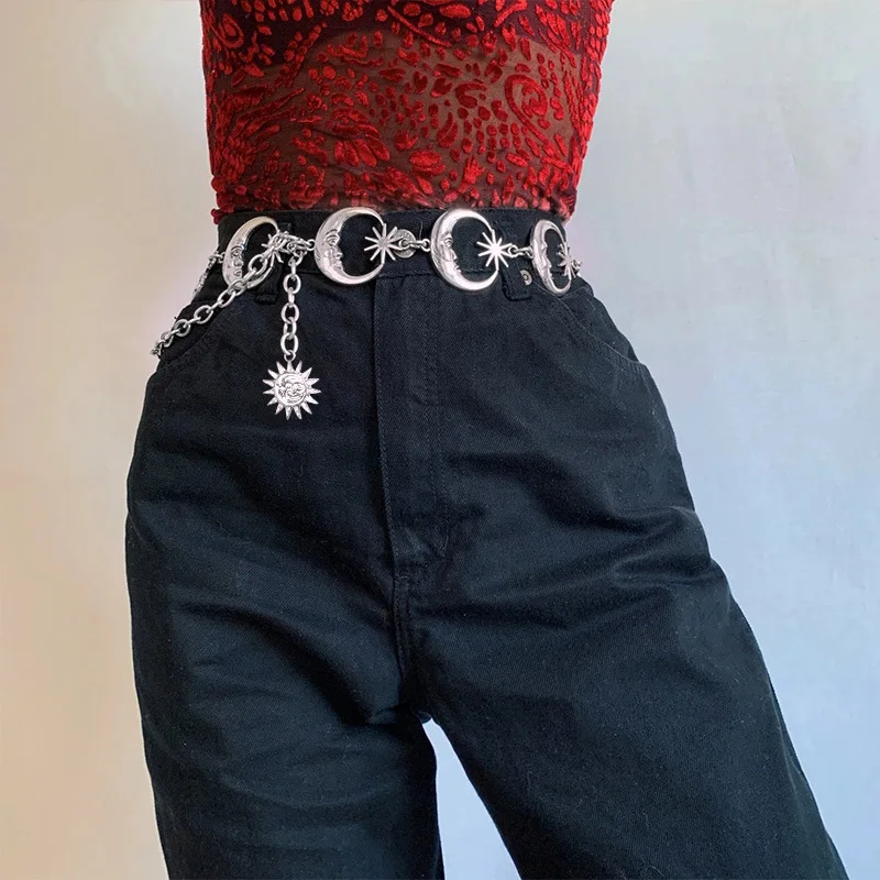Ecowalson Harajuku Punk Moon Metal Belts Women Vintage High Waist Chain Gothic Sun Sliver Pendant