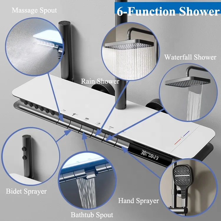 Digital Display Smart Mixer with LED Light 6 Function Piano Button Shower Gun Metal Thermostatic Shower Set