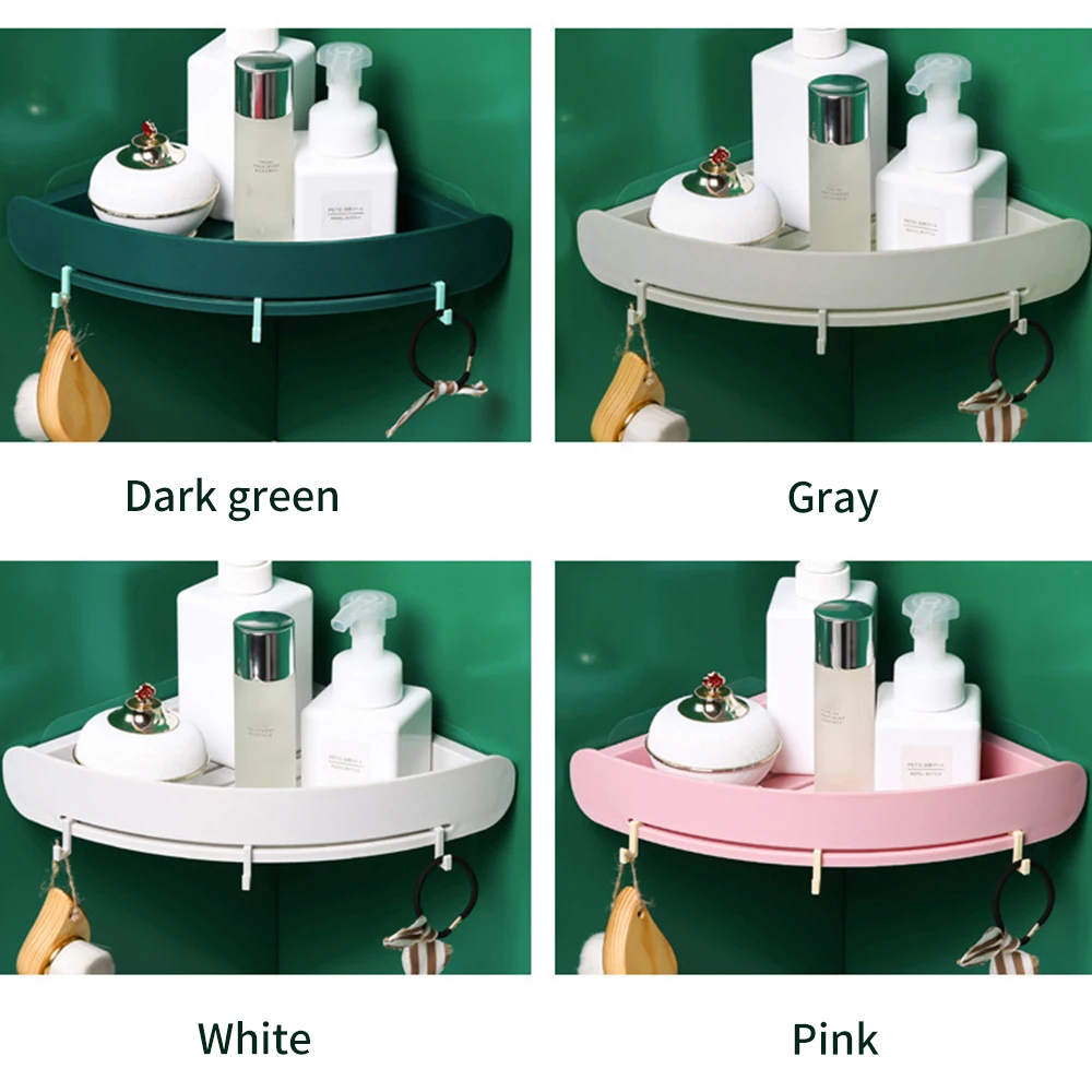 Bathroom Shower Caddy Corner Shelf with 3 Hooks Bathroom Toilet Kitchen Storage Organizer Adhesive No Drilling plastic Shelves