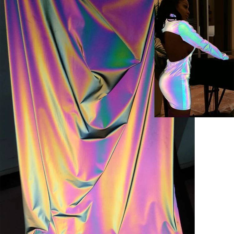 High Visible Black rainbow Iridescent Swirl Pattern Printing Spandex Reflective Fabric Cloth for Outdoor Hi Vis Fashion Clothing