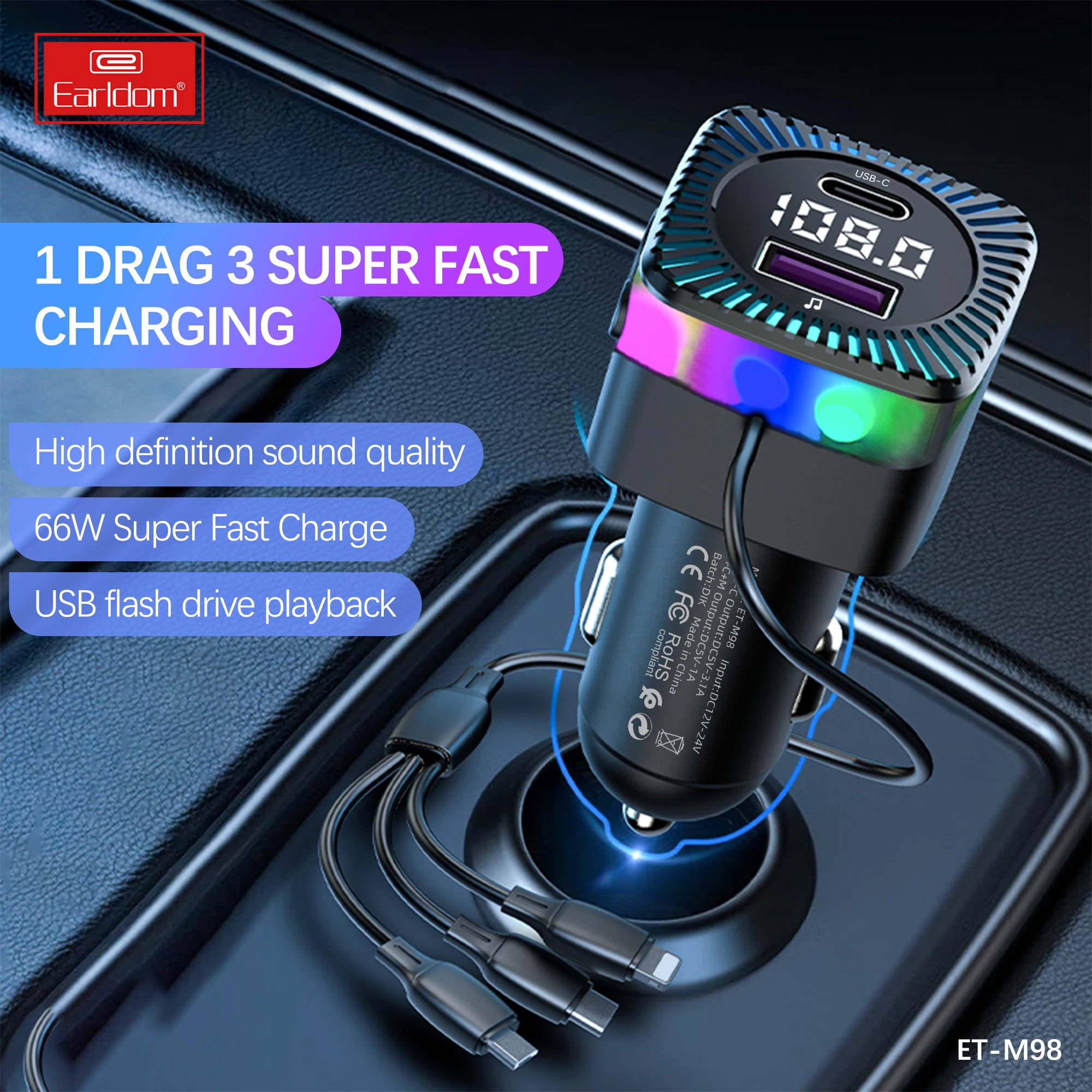 EARLDOM New Car Blue-tooth 5.3 FM Transmitter Dual USB 66W Fast Charger Wireless Handsfree Audio Receiver MP3 Player Car Kit