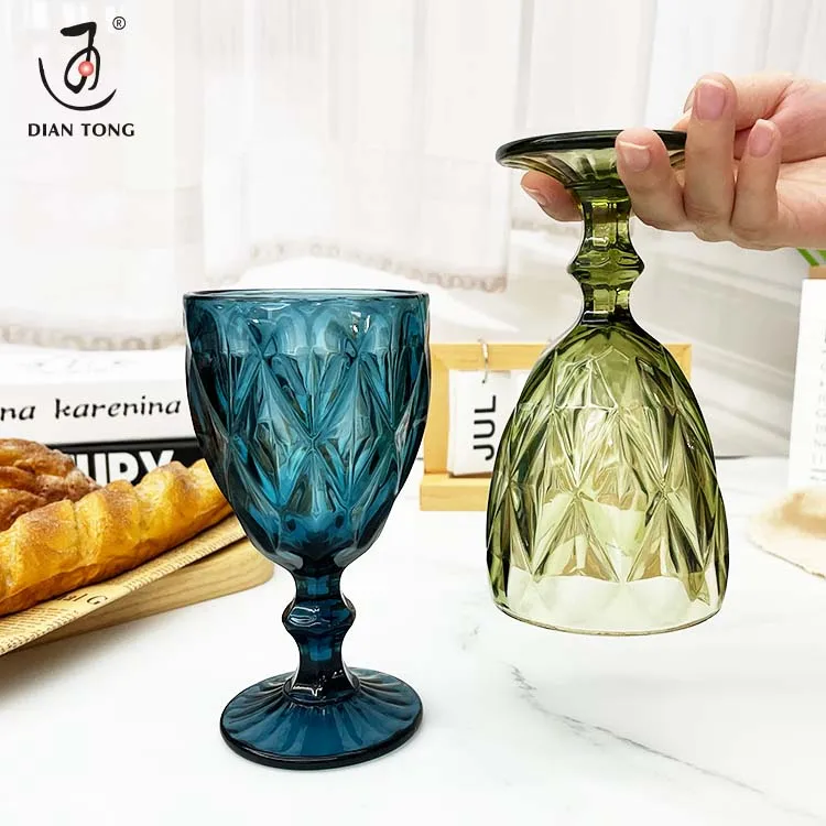 Luxury Party Weeding Glassware Drinking Water Goblet Glass Green Blue Colorful Glass Cups Red Vintage Wine Glass Cup Set Of 6