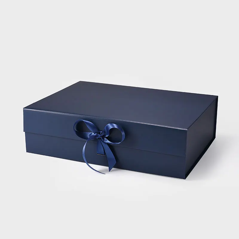 Customize navy blue color large folding rigid gift set hamper presentation box with magnetic lid