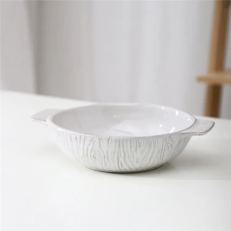 Hot sale kitchen matte embossed design cheap cake bread pizza pie white ceramic baking dish set with different size