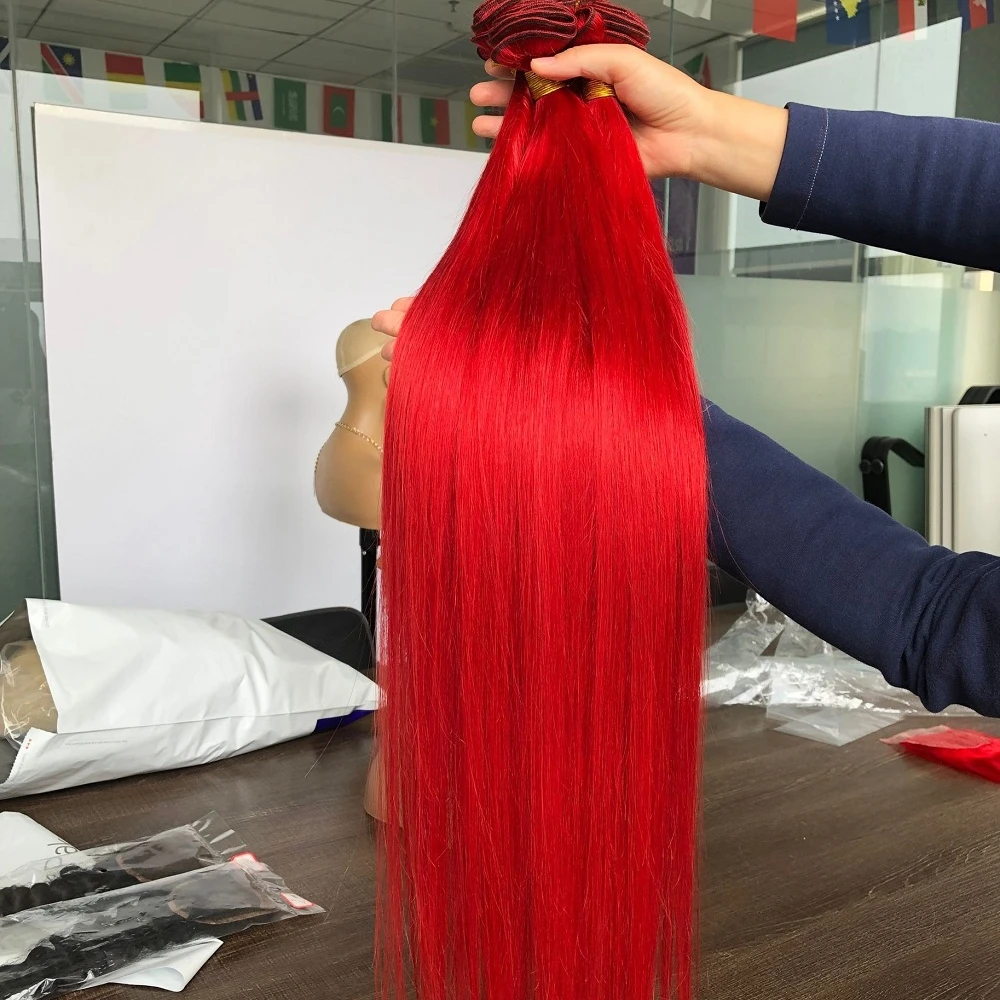 100% remy cuticle aligned virgin human hair weft/weave silky straight red bundles with closure