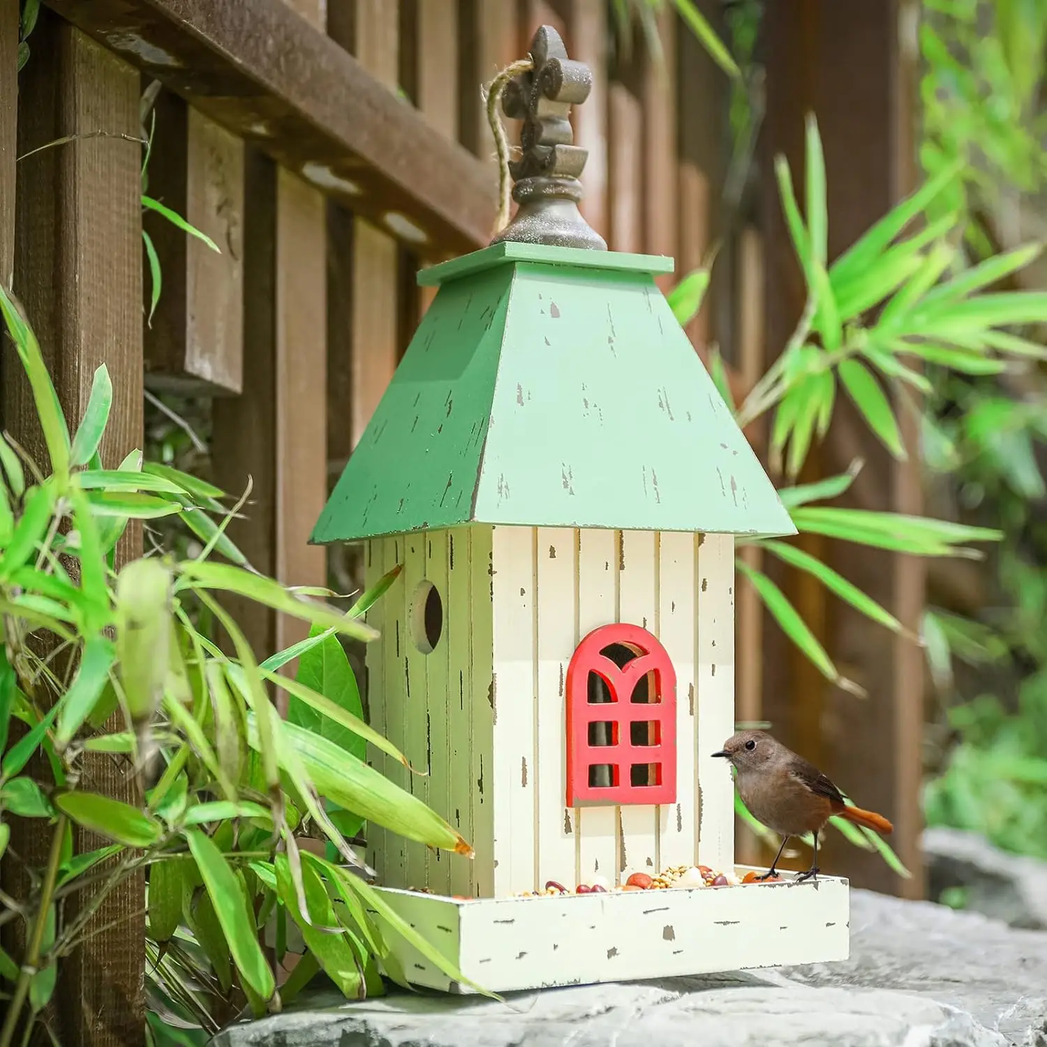 Village Wooden Cottage Bird House Feeder, Hanging Birdfeeder with Landing Trays,Wood Wild Bird House Feeder Garden Decor