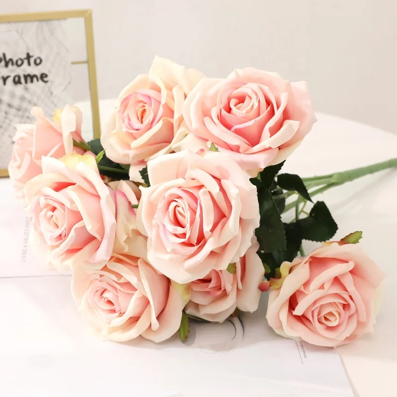 cheap price wholesale 10 head 45cm real touch white gold artificial flowers silk roselong lastingartificial plant