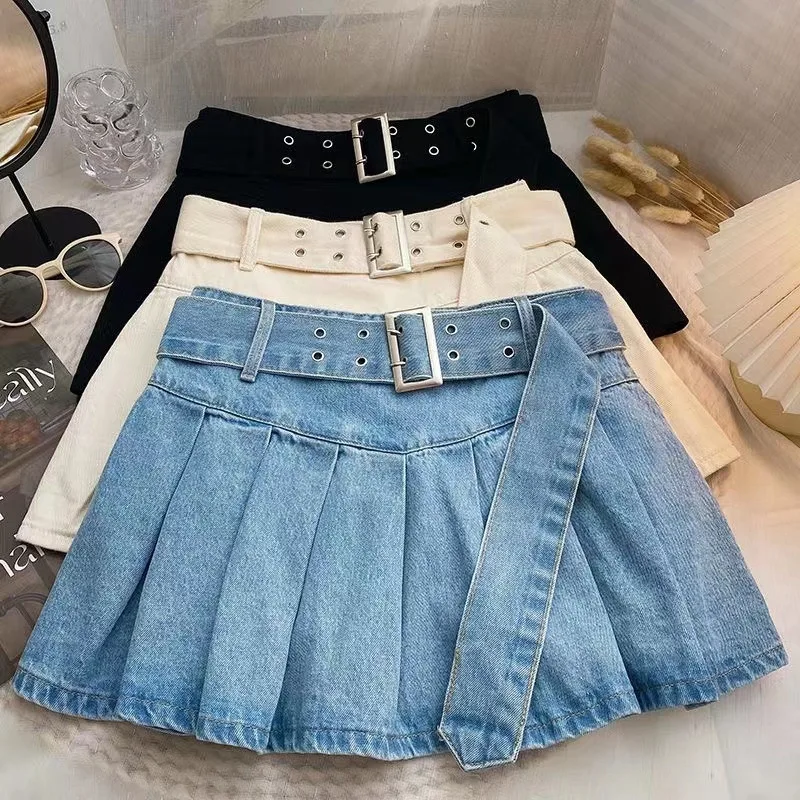 2023 New Summer Toddler Children Girl Solid White Black Denim Blue Pleated Jean Skirt 3-15 Years