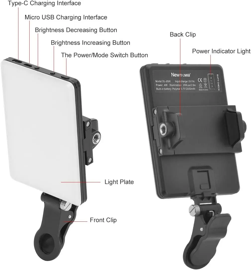 Cell Phone Fill Light Clip Fill Video Light for Phone 2000Mah Rechargeable  10-Level Brightness Adjustment 3 Light Modes Dimmabl