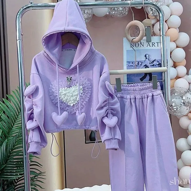 2024 New Fashionable Sports Winter Fleeced Hoodies & Spring/Autumn Tops and Pants for Active Teen Girls Clothing Sets