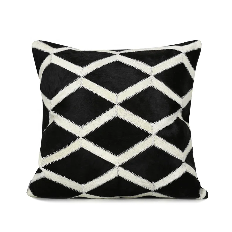 Luxury Cushions Quality Cowhide Patchwork Decor Pillow  Modern Minimalist Black And White Diamond Grain Cowhide Square Pillow