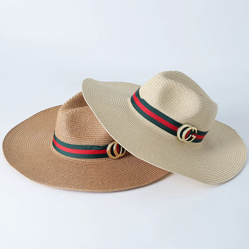 Green Red Striped Ribbon With metal Decorative Paper Straw Outdoor Hat For Women Men Wide brim Summer beach sunshade