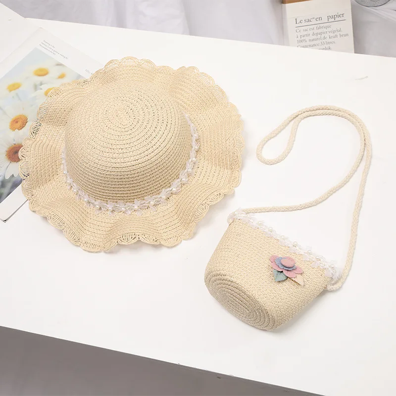 Customized Summer Wide Brim Kids Sun Beach Straw Bucket Bag and Hat Set with Pearl Baby Girl Hats From China Factory