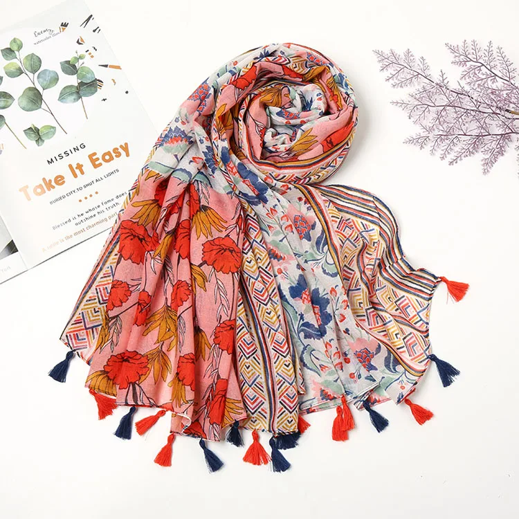 New colorful print floral long shawl tassel scarves women vintage viscose cotton scarf