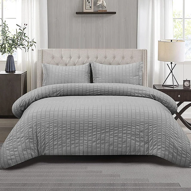 Hotel Seersucker Stripe Texture King Size Microfiber Quilt Duvet Cover Bedding Set